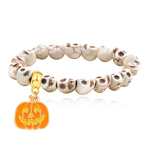 Image of Uloveido Halloween Bracelets for Men Women Black White Skull Stone Bracelet Charm Ghost Pumpkin Lamp Bat Design Bracelets