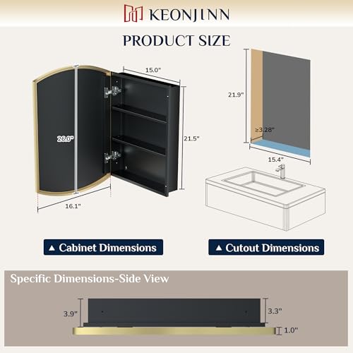 Image of Keonjinn Gold Medicine Cabinet Mirror for Bathroom 16 inch x 26 inch, Metal Framed