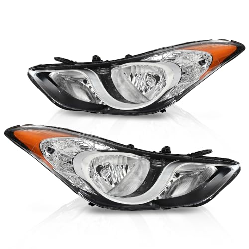 CNNELL Headlights Assembly w/o Bulbs Compatible with Hyundai Elantra 2011 2012 2013 Headlamps Clear Lens Chrome Housing Amber Reflector3 Pin