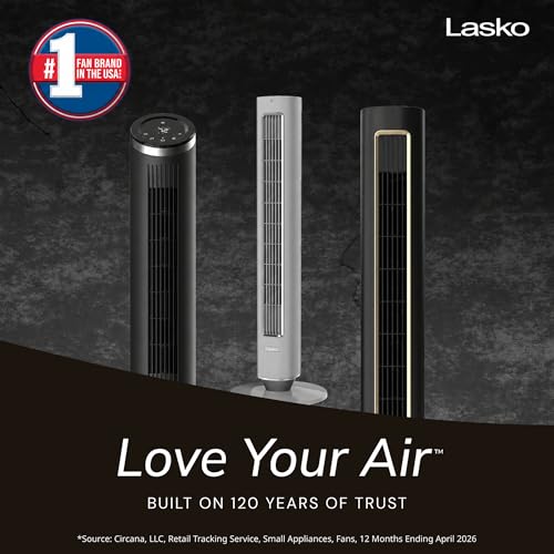 Image of Lasko Pinnacle 40 inch DC Tower Fan for Bedroom, Living Room, Home Office - 32 ft /s Airflow, 50 ft Distance, 90 Oscillation - AirSense, 12 Speeds, Night Light - Quiet 24 dBA - Remote, Gray