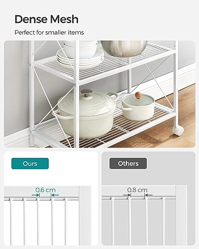Image of SONGMICS 3-Tier Metal Storage Rack with Wheels, Mesh Shelving Unit with X Side Frames, 23.6-Inch Width, for Entryway, Kitchen, Living Room, Bathroom, Industrial Style, White UBSC163W01
