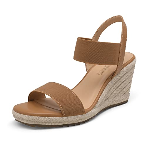 DREAM PAIRS Womens Open Toe Espadrilles Dressy Platform Sandals Slip on Elastic Ankle Strap Wedges Sandals 5 Camel