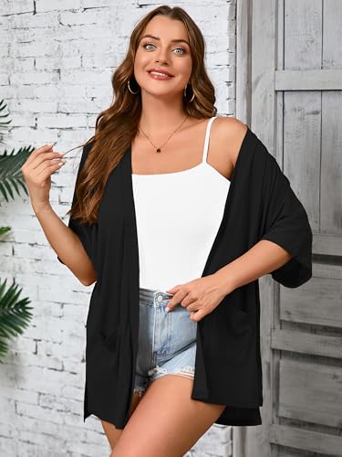 AusLook Plus Size Women's Knit Short Sleeve Lightweight Open Front Cardigans Shrugs Shawls and Wraps Jacket Coat with Pockets3