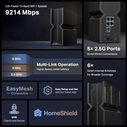 Image of TP-Link Tri-Band BE9300 WiFi 7 Router (Archer BE550) - 6-Stream 9.2Gbps, Full 2.5G Ports USB 3.0, 6 Smart Internal Antennas, VPN Clients & Server, Easy Mesh, HomeShield, Private IoT Network