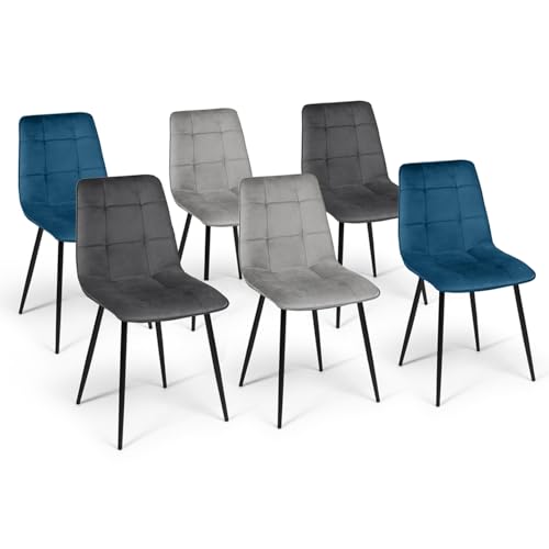 IDMarket - Lot de 6 chaises Mila en Velours Mix Color Bleu x2, Gris foncé x2, Gris Clair x2