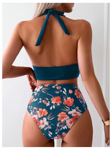 SweatyRocks Women's 2 Piece Boho Floral Print Backless High Waist Halter Tankini Swimsuit Bathing Suit2
