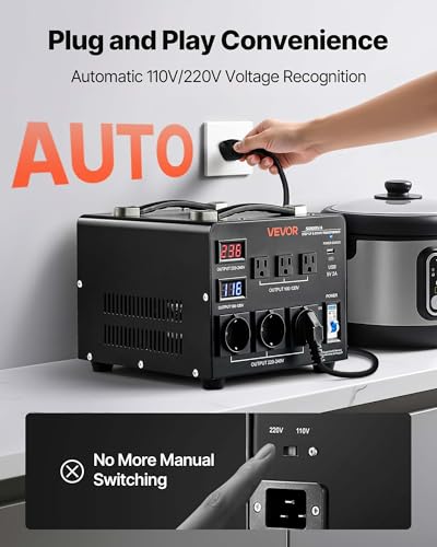 Image of VEVOR Voltage Auto Converter Transformer, 5000VA, Heavy Duty Step Up /Down Power Transformer, 110V to 220V and 220V to 110V, with 3 US Outlets, 3 EU Outlets, LCD Display, Circuit Breaker Protection