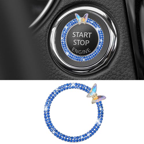 Car Butterfly Bling Ring Emblem, Car Buttons and Knobs Ring, Push to Start Button Sticker, Key Ignition Knob Ring Decorations Car Interior Decoration Accessories for Women (Blue)