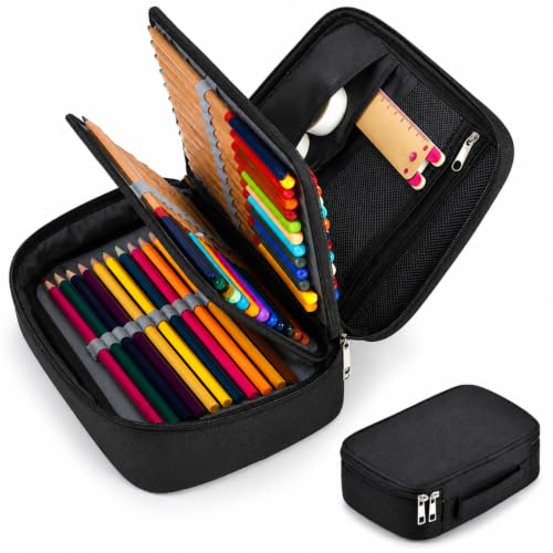 Estojo Escolar Box Jumbo Grande Capacidade Organizador Divisórias Impermeável Com Alça E Elastico Para 72 Canetas Lápis Nylon Feminino Masculino Zíper Adulto Infantil Juvenil Reforçado (Preto)