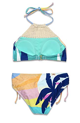 Hobie Girls' Big High Neck Halter Top and Side Tie Bikini Bottom Set, Seagreen//Hanalei Bay, 102