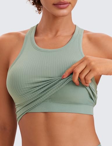 Image of CRZ YOGA Seamless Ribbed High Neck Crop Tank Tops for Women - Longline Racerback Padded Sports Bras