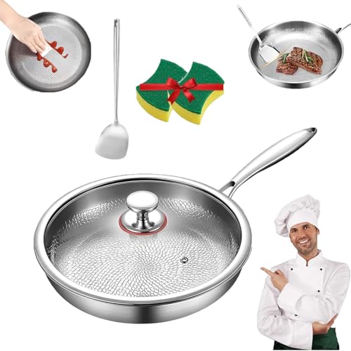 Tovara Titanium Pro Sartén, 100% titanio, sin revestimiento, antiadherente natural, resistente a los arañazos, calentamiento rápido, con tapa, apta para todas las cocinas (sartén de 28 cm con tapa)