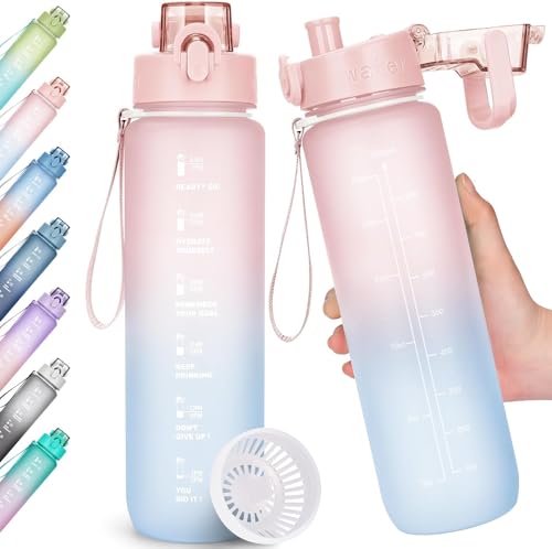 Serenelight 1L Trinkflasche,Trinkflasche Sport Auslaufsicher, Sportflasche mit Zeitmarkierung für Fitness, Büro, Schule, Yoga,Outdoor Wasserflasche BPA-Frei