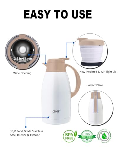 Image of GiNT Stainless Steel Thermal Coffee Carafe, Double Walled Vacuum Thermal Carafe, Water and Beverage Dispenser,12 Hour Heat Retention,65 OZ /1.9 Liter White
