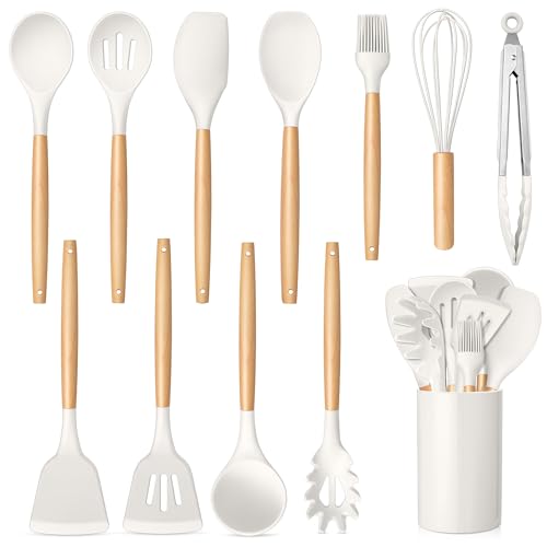 TeamFar Cooking Utensils Set, 12 Pcs Silicone Kitchen Gadgets Utensil Set for Nonstick Cookware with Wooden Handle, Spatula Spoon Turner, Non-Toxic & Non-Stick, White