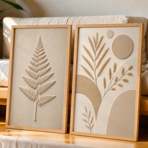 Image of NoWorries Minimal Botanical Wall Painting Set of 2 with Frame | Neutral Beige Fern Leaf & Pampas Grass Abstract Artwork, Soft Nature Wall Decor for Living Room, Bedroom, Office and Home Decoration (Art-6, 17x25inch)