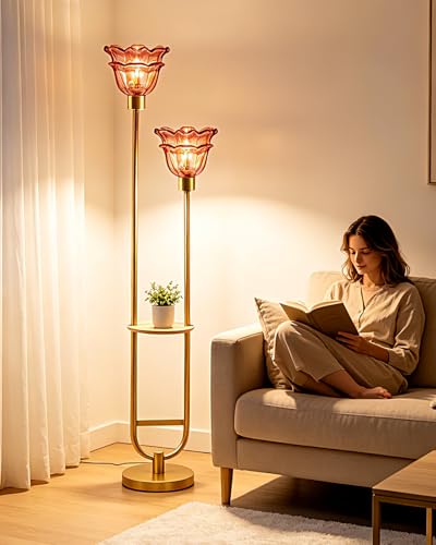 Image of Glass Floor Lamp with Shelf 2-Lights Gold Floor Lamp with Deep Red Glass Shade, Mid Century Modern Standing Tall Lamps with Foot Switch for Living Room Bedroom Home Decor (Bulbs Included)