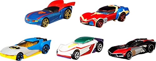 Hot Wheels Dc Toy Character Car 5-Pack In 1:64 Scale: Superman, Batman, Wonder Woman, The Joker Gt & Harley Quinn #TOP3
