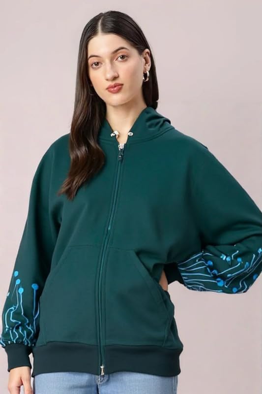 Image of Solid Zip-Up Hoodie for Women's | Long Sleeves Hoodie with Print Casual Wear, Green, 3XL
