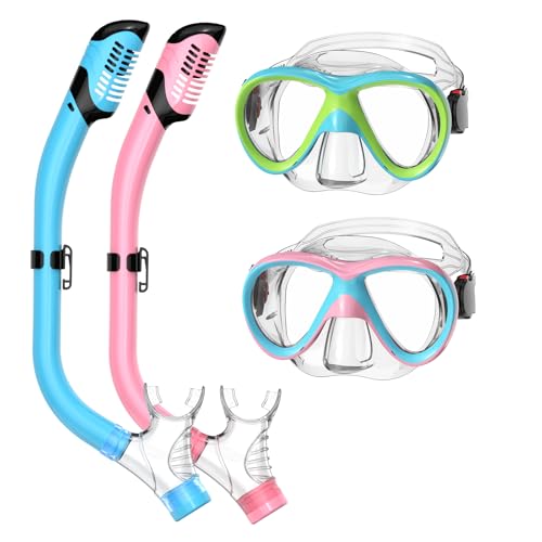 Set de snorkel para niños, equipo de snorkel con tapa seca para edades 5-15 años, máscara de buceo juvenil con lentes de vidrio templado, antiempañante y vista panorámica miniatura 1