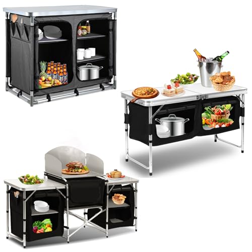 Hebitod Cocina de camping, armario de camping plegable con protección contra salpicaduras, bolsa de transporte, incluye muebles de camping, cocina de camping al aire libre, con estructura de aluminio,