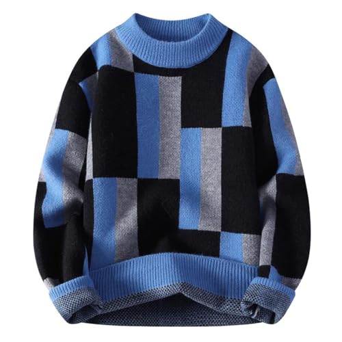 Men's Round Neck Sweater, Winter Thickened and Warm Bottom Sweater, Plaid Knit Sweater(Large)