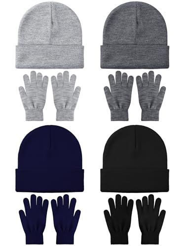 Glooarm 8 Pack Winter Hat and Gloves Set for Men Women Warm Beanies Knit Gloves Unisex Warm Sets(Black, Heather Gray, Light Gray, Navy Blue,One Size)