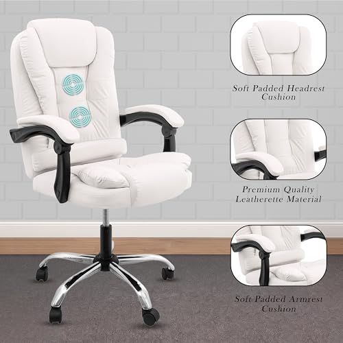 Image of Casa Copenhagen Italia Premium Leatherette Office Chair for Work | Boss Chair, Ergonomic Executive, Luxurious Cushioned Arms & Seat, 2 Point Back Massager, Heavy Duty Metal Base (White)