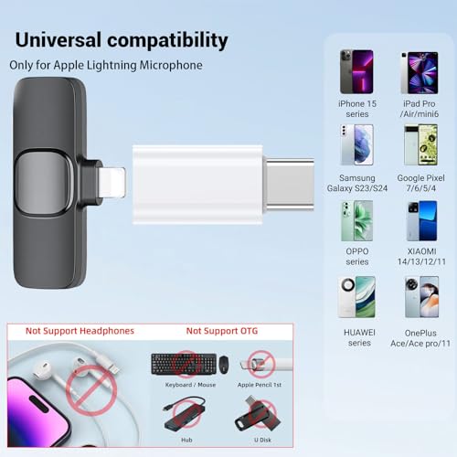 Adaptador de micrófono tipo C a Lightning convertidor de audio para micro lavalier inalámbrico 4