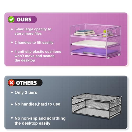Marbrasse Desk Organiser,3 Tire Letter Paper Tray Organiser with Handle,Mesh Desk Organiser Tray for A4 File,Home Office Supplies(Purple) - Image 2