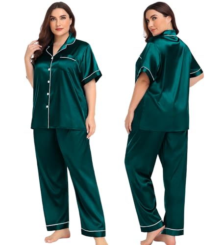 Image of SWOMOG Women Plus Size Pajama Set 4pcs Silk Satin Sleepwear Button Down Pjs Cami Shorts Set Loose Loungewear 16W-26W