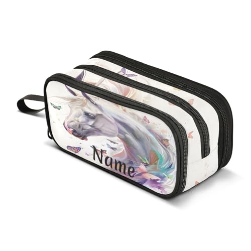 Image of Custom White Horse Butterflies Pencil Case Box Boys Girls Personalized Name Large Pencil Pouch Stationery Pen Bag Organizer for Kids Adults School Office