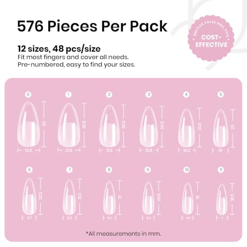 Image of Beetles Medium Almond Nail Tips 576pcs 12 Sizes, Pre-Etched Soft Gel Tips Half Matte Full Cover Press on False Nail Tips Clear Acrylic Nails DIY Extension Gift for Women