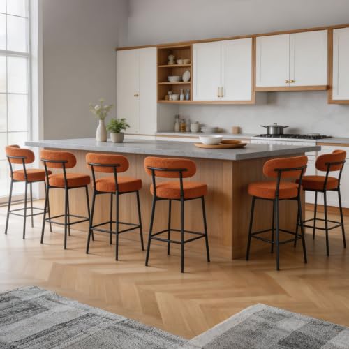 Image of Counter Height Bar Stools, Boucle Upholstered Bar Stools with Back and Footrest,30 Inch Counter Stools Metal Frame,Heavy Duty Modern Bar Chairs for Kitchen Island, Orange Barstools Set of 6