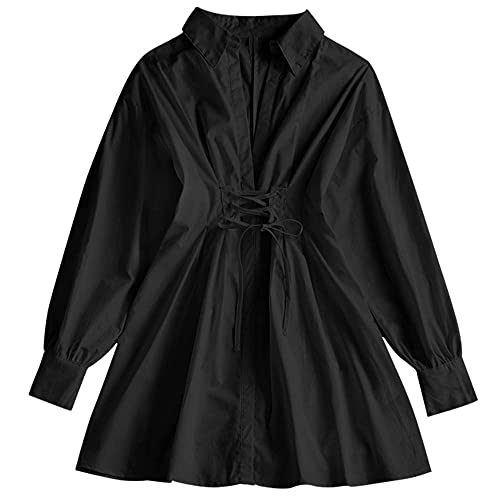 ZAFUL Women's Long Sleeve Lace-up A Line Shirt Dress V Neck Plunging Top  Blouse Tunic Shirt Mini Dress Black at Amazon Women’s Clothing store