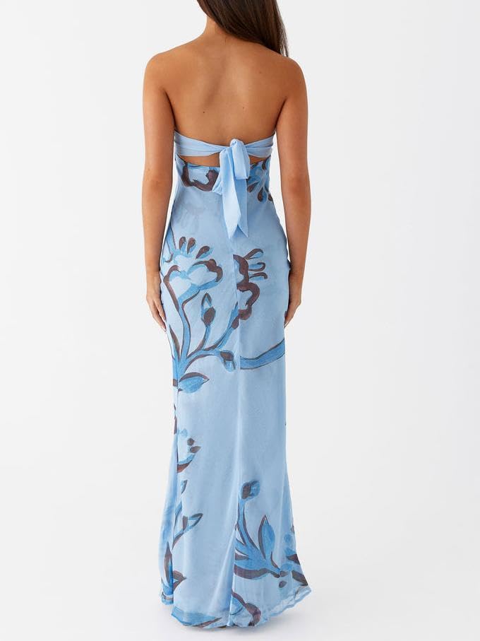 Image of Women Y2k Strapless Maxi Dress Floral Print Tube Long Dress Boho Beach Sundress Going Out Streetwear