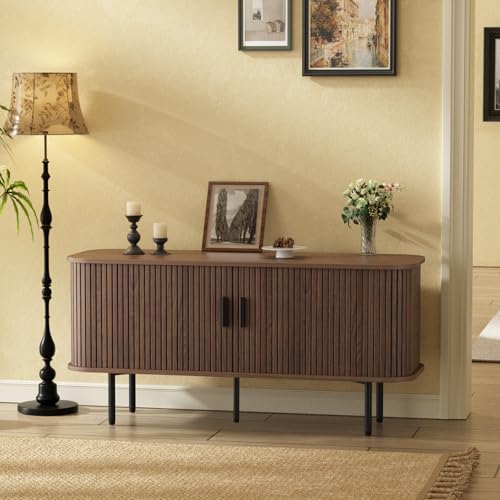 55''W Walnut Cabinet with Storage, Media Console, Tambour TV Stand, Television Stands with Curvy Edge; Sliding Door, Fluted Cabinet, Buffet Sideboard, Credenza, Table Stand for Living Room, Kitchen