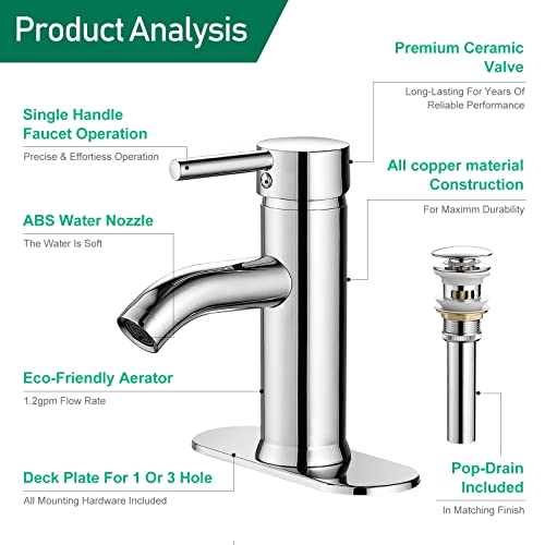 Bathroom Faucet Single Handle Bathroom Sink Faucet With Pop-Up Drain, Rv Lavatory Vessel Faucet With Deck Plate, Brass, Chrome, 1 Or 3 Hole #TOP3