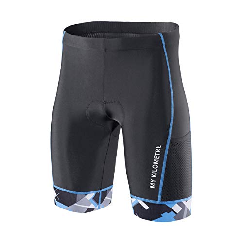 MY KILOMETRE Mens Triathlon Shorts with Adjustable Drawstring Easy Reach Leg Pockets Chamois for Long-Distance Tri Race (Black-Blue Medium)