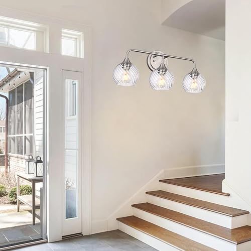 Image of MELUCEE 3 Lights Modern Vanity Lights Over Mirror, Brushed Nickel Bathroom Lighting Fixtures with Clear Striped Swirl Glass Shade, Metal Wall Mount Lamp for Mirror, Bathroom Living Room Workshop