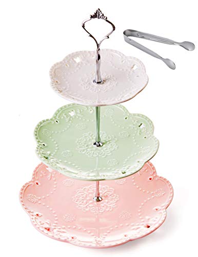 Jusalpha® 3-Tier Porcelain Cake Stand-Dessert Stand-Cupcake Stand-Tea Party Serving Platter, Comes in a Gift Box- Free Sugar Tong,3 Color (Silver)