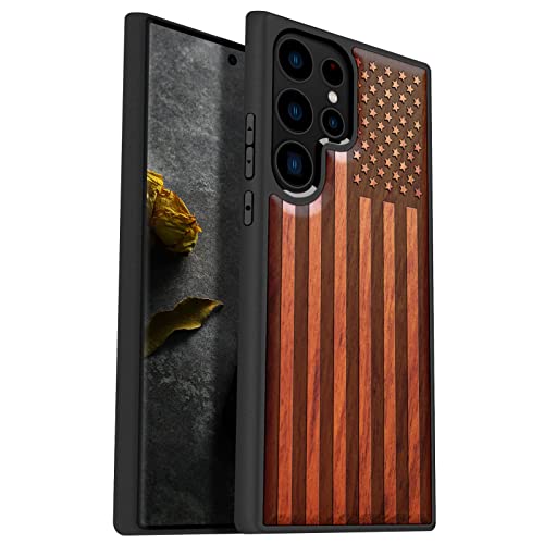 Image of Carveit Wood Case for Galaxy S23 Ultra, The Classic American Flag-Rosy | Samsung Galaxy S23 Ultra Cover, Unique Wooden Design, Engraved Wood with TPU Shockproof Bumper, Wireless Charging Compatible