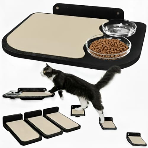 INICIO Cat Wall Shelves – Dog Proof Feeding Station with Wall Mounted Shelves, Durable 3 Step Birch Floating Shelf for Cats Up to 15lbs, Includes Attached Cat Food Bowl for Convenient Feeding – Black