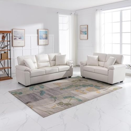 Image of Anderson 3+2 Seater Sofa Set | Sectional Sofa 5 Seater 3 Plus 2 | 5 Seater Leather Sofa for Living Room Office | Leather Sofa Set 5 Seater | Leatherette Sofa Cream Color