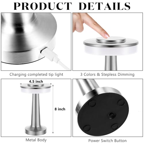 Image of Riakrum 4 Pcs LED Cordless Table Lamp Bulk Rechargeable,Silver | Portable Wireless Lamps, 3 Color Stepless Dimming, 15 Hour Battery, Touch Control, Wedding Home Restaurant Decor