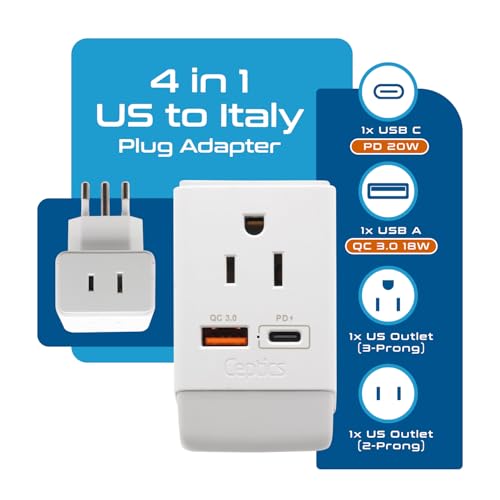 Image of Ceptics Italy Travel Adapter, QC 3.0 & PD, Safe Dual USB & USB-C - 2 USA Socket Compact & Powerful - Use in Uruguay, Libya, Syria, Tunisia, Chile - Type L AP-12 - Fast Charging (AP-12A)