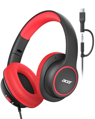 Image of Acer OHW328 2 in 1 Kids Headphones Wired for School - 3.5mm & USB-C Jack | Over Ear Design, 85 /94dB Safe Volume Limit, Wired Headphones for Boys Girls Classroom Yoto Player Chromebook Travel