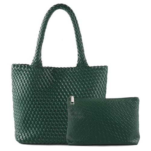 Image of SLHFPX Hand Woven Bag Tote Bag For Women Top Handle Shoulder Bag Vegan Leather Large Travel Beach Bag Hobo Bag Handbag With Small Purse Dark green