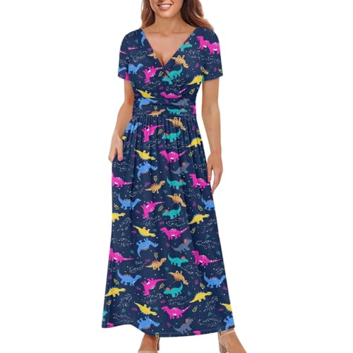 Image of Women's Fall Summer Short Sleeve Ankle Length V-Neck Party Dress with Pockets Size S-3XL