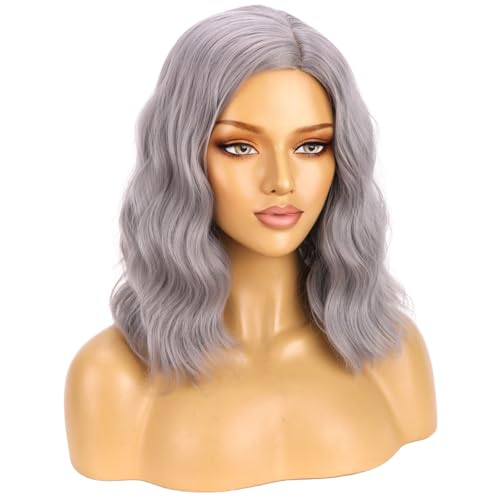 Image of BERON Grey Wigs for Women Short Curly Wavy Wig Girls Gray Color Old Lady Heat Resistant Synthetic Hair Wig for Costume Cosplay Party or Daily Use
